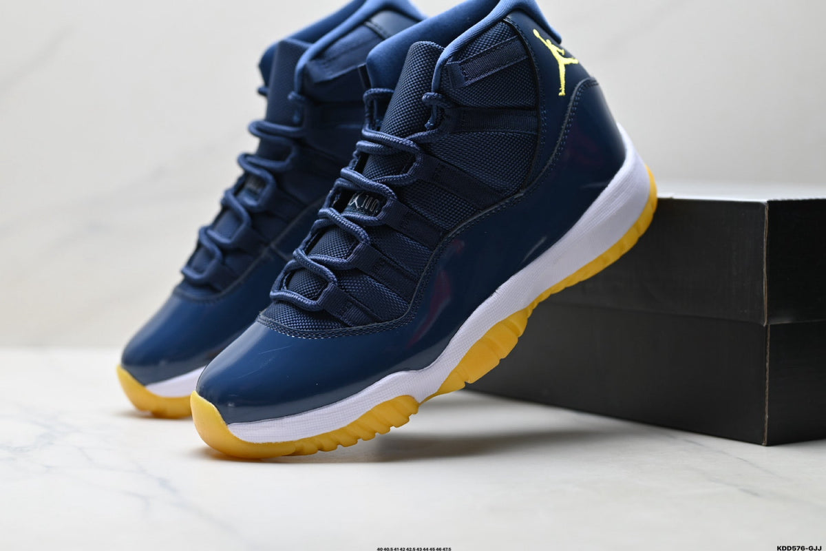 Air Jordan 11 Retro Midnight Navy and Yellow Unisex Sneakers Style 06