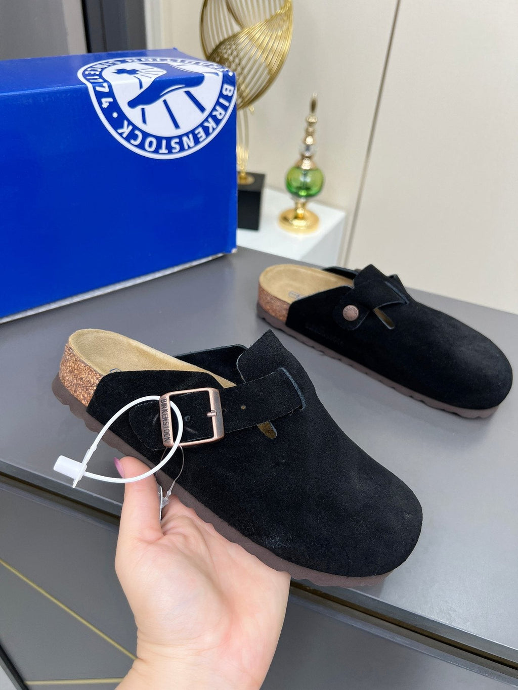Birkenstock Black Suede Buckle Mule Clogs
